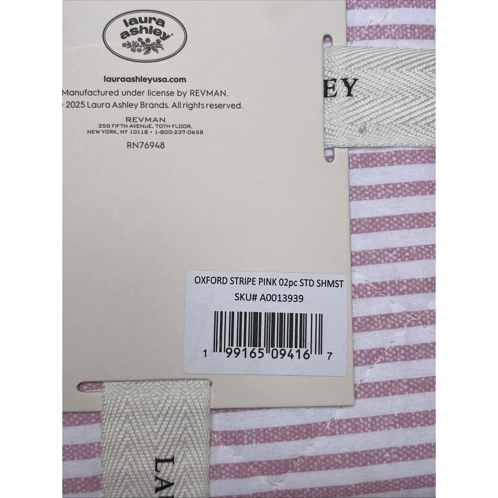 Laura Ashley Oxford Stripe Pink Cotton Sham Pair Standard Pillow Ruffle Trim New